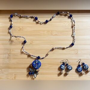 Blue Beaded Necklace and Earring Set Handmade Ceramic Floral Flowers